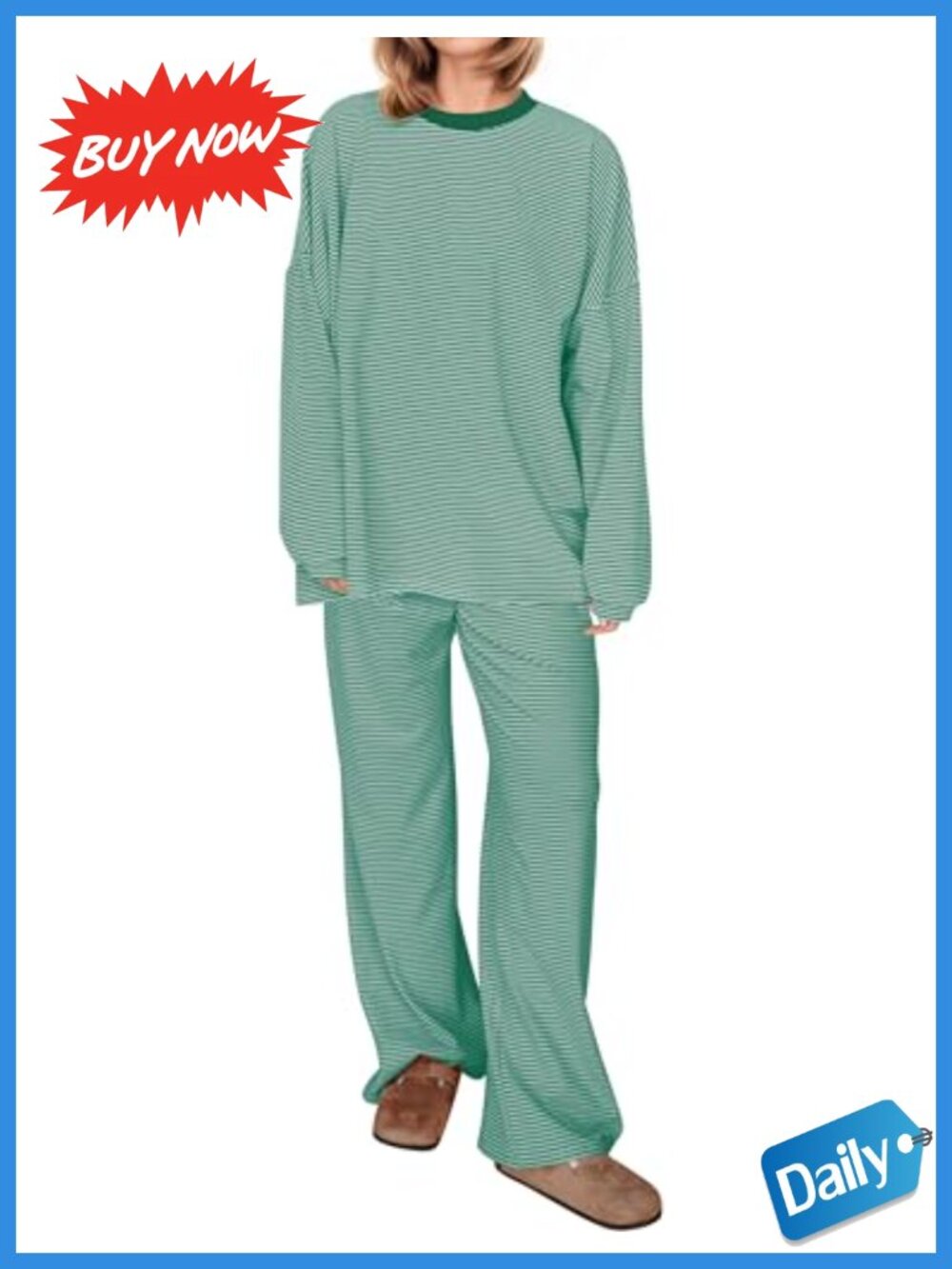 Women Striped 2 Piece Lounge Set Cotton Long Sleeve Wide Leg Pajama